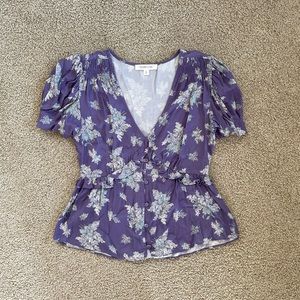 Shabby Chic Purple Floral Puff Sleeve Blouse | Smocked V-Neck Peplum Top S